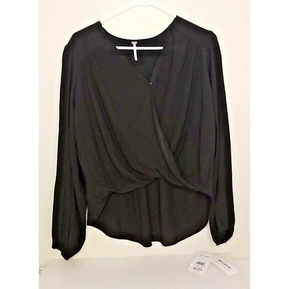 FREE PEOPLE CHECK ON IT NWT XS Black Faux Wrap Long Sleeve Draped Top NEW   T8 - Picture 1 of 10